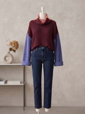Free People Colorblock Turtleneck Thermal Knit Oversized Sweater Size L